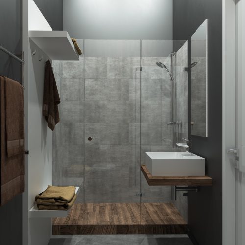 Bathroom modern loft style, 3D render Bathroom modern style. Compromising with wood and concrete, perfectly for a office or house. 3D render